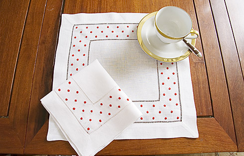 Square linen placemat. Red color Swiss Polka Dots. 1 pieces